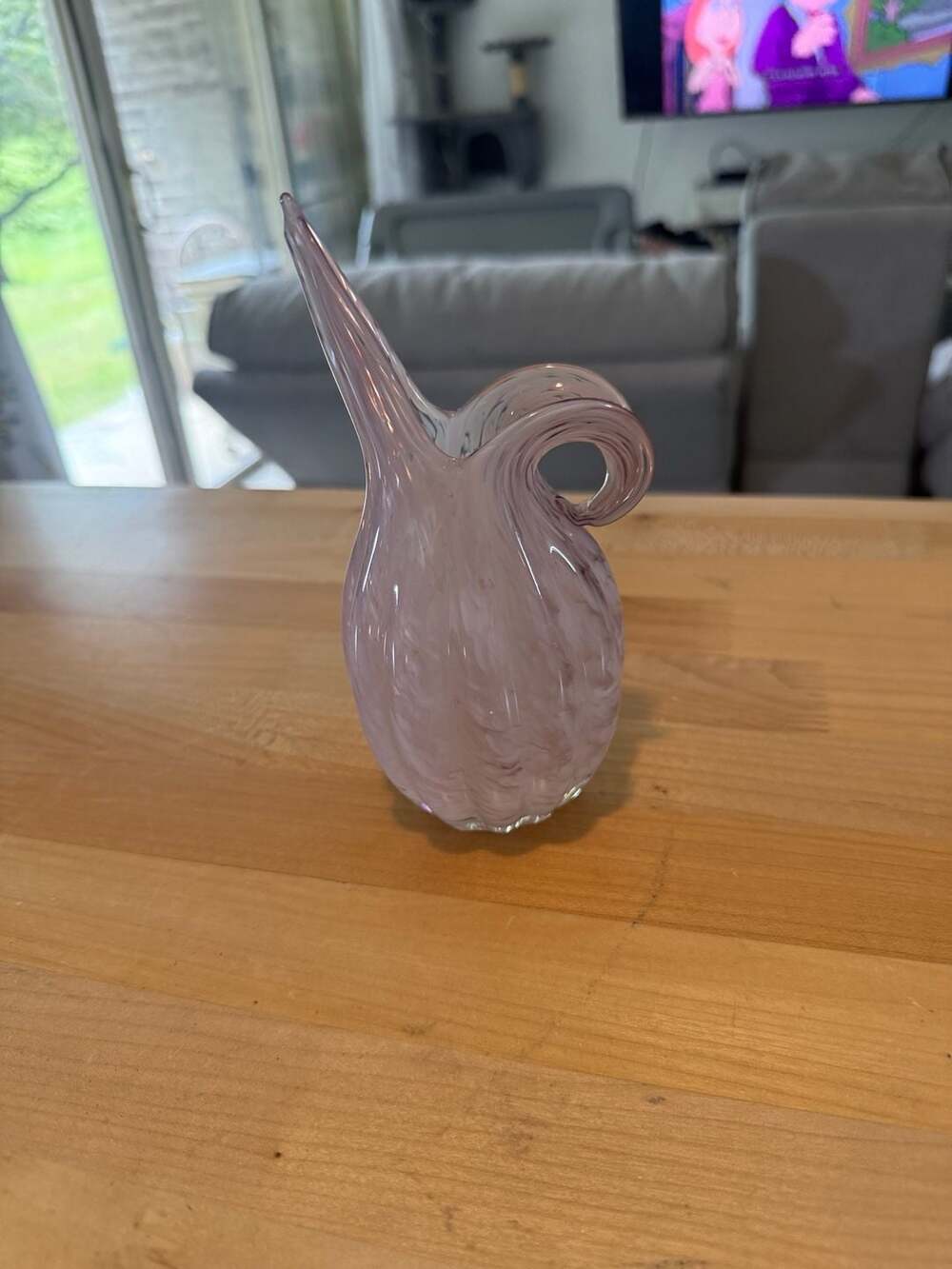 Vintage Lefton Hand Blown Art Glass Lavender and White Swirl Pitcher Vase